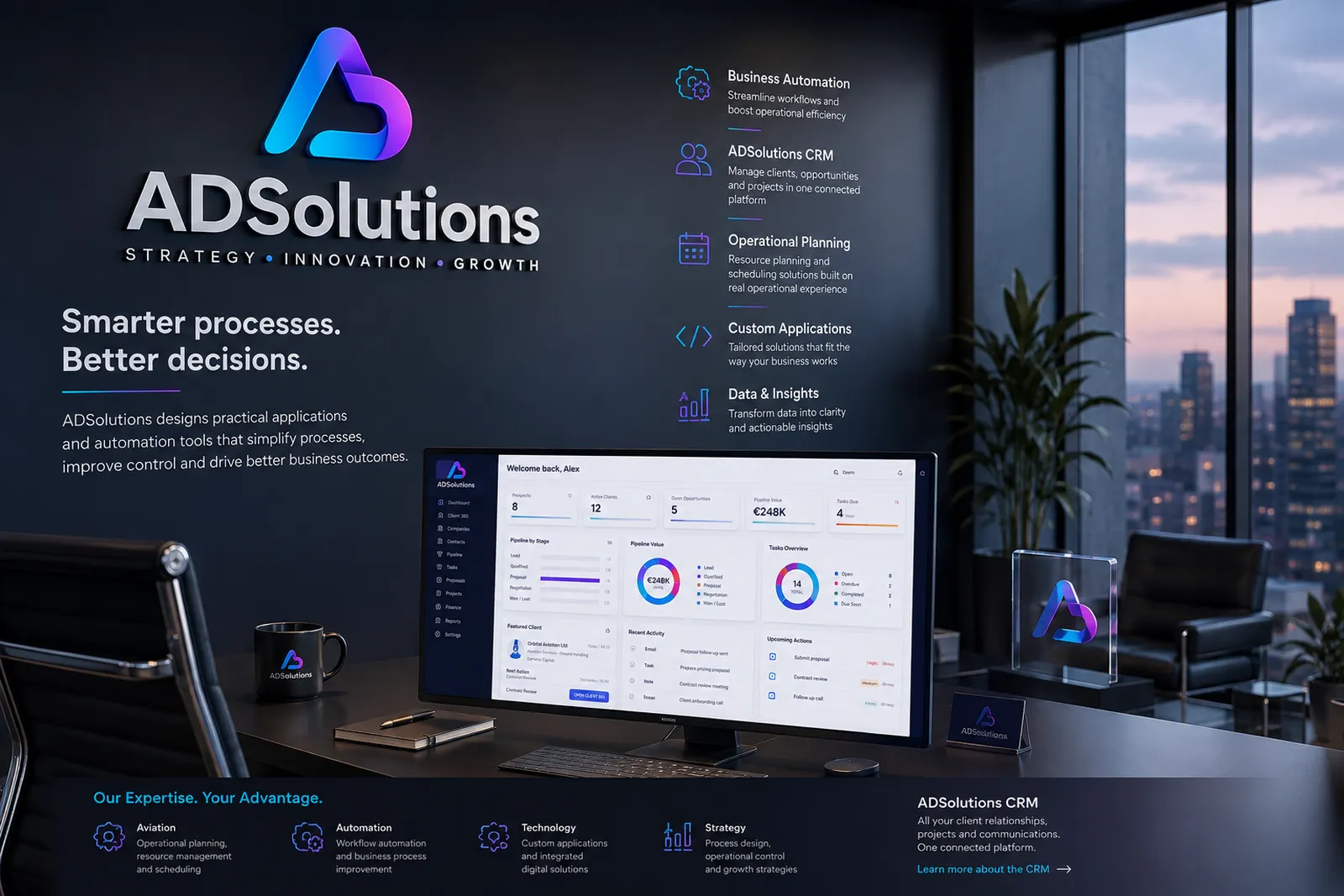 ADSolutions workspace with the ADSolutions CRM dashboard on screen and the company's capabilities on the wall